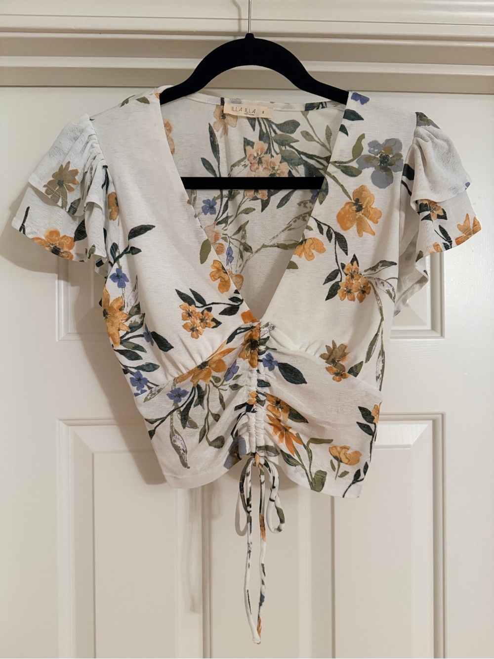ILLA ILLA White Floral V-Neck Drawstring Crop Top with Yellow & Blue Blooms